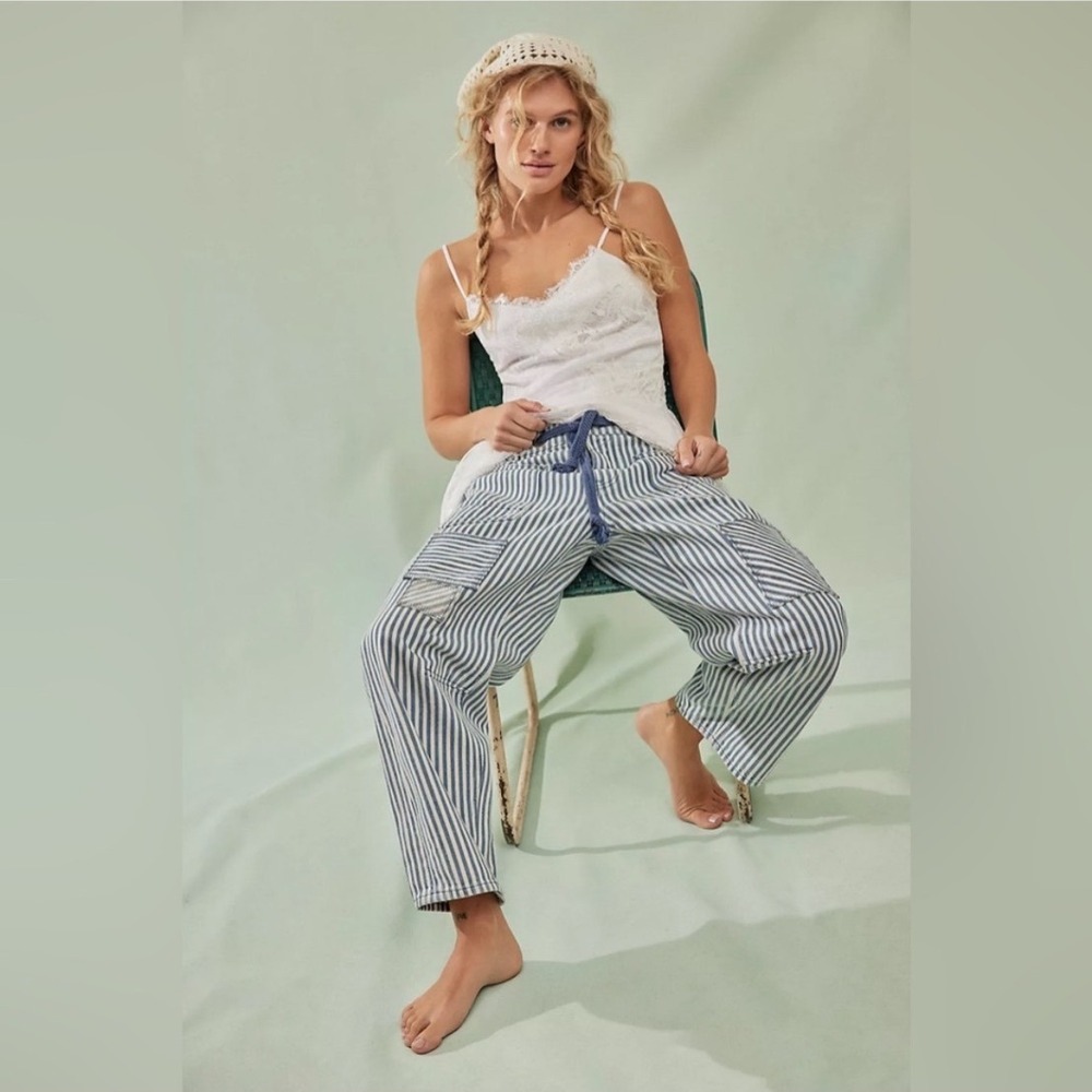 Free People We The Free Barrel Pants 29 Stripe Cargo Baggy Patchwork Painter - Picture 5 of 11